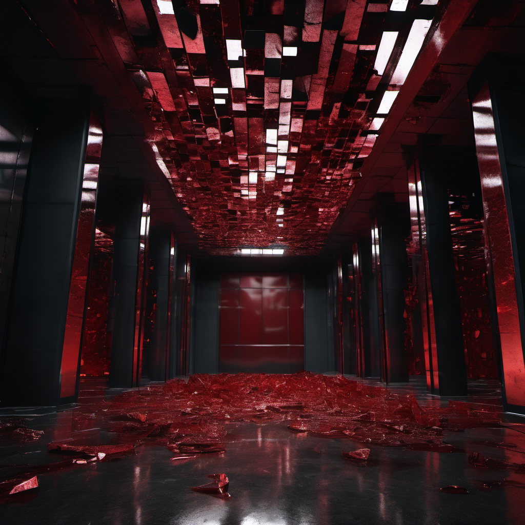 Brutalist server room with shattered glass panels revealing crimson vulnerability alerts, ominous concrete architecture