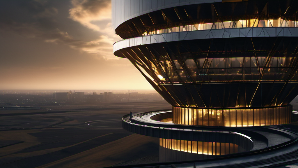 Brutalist obsidian control tower with luminous golden data streams branching like a neural network, high contrast architectural photography